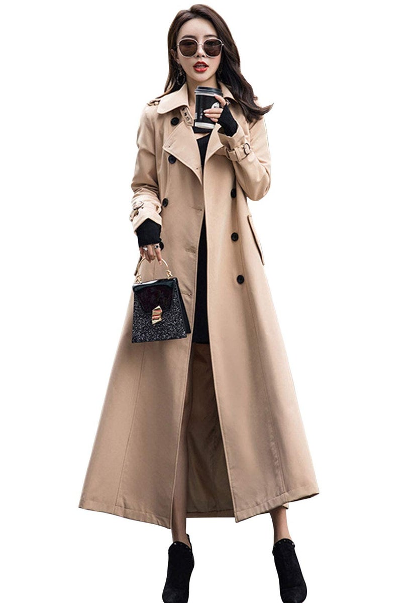 ebossy Women's Double Breasted Duster Trench Coat Slim Full Length Maxi Long Overcoat (X-Small, Khaki) - Image 1